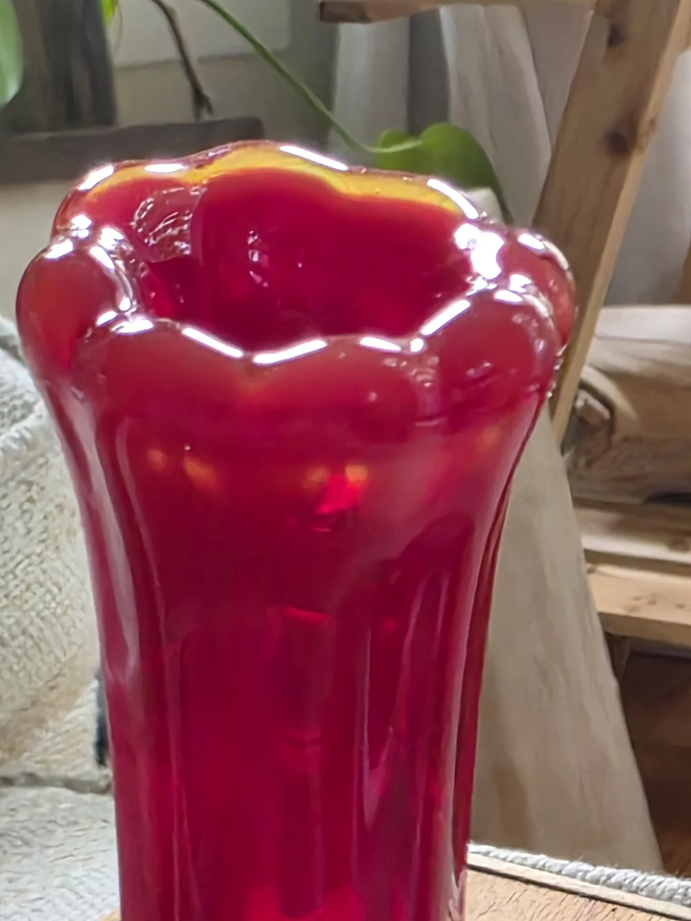 Vintage Ruby Red Fluted Art Glass Bud Vase Scalloped Edge Moody Maximalist